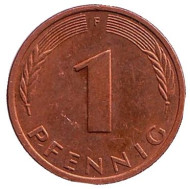 Монета 1 пфенниг. 1996 год (F), ФРГ. Дубовые листья. Монета 1 пфенниг. 1996 год (F), ФРГ. Дубовые листья.