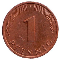 Дубовые листья. Монета 1 пфенниг. 1996 год (F), ФРГ.