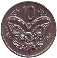 Монета 10 центов. 1973 год, Новая Зеландия. UNC. Маска маори. Монета 10 центов. 1973 год, Новая Зеландия. UNC. Маска маори.