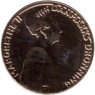 Монета 20 крон. 2022 год, Дания. 50 лет правлению Королевы Маргрете II. Монета 20 крон. 2022 год, Дания. 50 лет правлению Королевы Маргрете II.