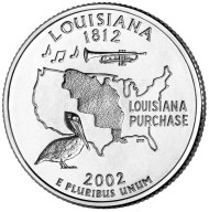 Монета 25 центов (P). 2002 год, США. Луизиана. Штат № 18. Монета 25 центов (P). 2002 год, США. Луизиана. Штат № 18.
