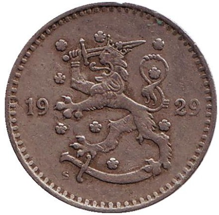 Монета 1 марка. 1929 год, Финляндия.