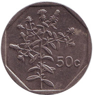 Монета 50 центов. 2001 год, Мальта. Растение. Монета 50 центов. 2001 год, Мальта. Растение.