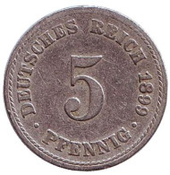 Монета 5 пфеннигов. 1899 год (A), Германская империя. Монета 5 пфеннигов. 1899 год (A), Германская империя.