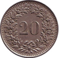 Монета 20 раппенов. 1950 год, Швейцария. Монета 20 раппенов. 1950 год, Швейцария.