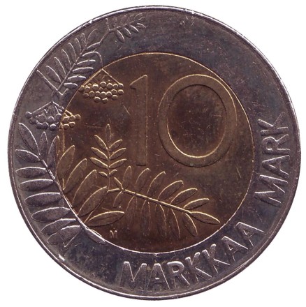 Монета 10 марок. 1997 год, Финляндия. Глухарь.