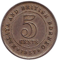 Монета 5 центов. 1957 год (H), Малайя и Британское Борнео. Монета 5 центов. 1957 год (H), Малайя и Британское Борнео.