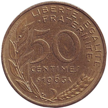 Монета 50 сантимов. 1963 год, Франция. (3 складки на воротнике)