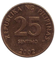 Монета 25 сентимо. 2002 год, Филиппины. Монета 25 сентимо. 2002 год, Филиппины.