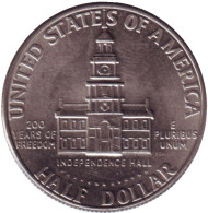 Монета 50 центов. 1976 год (D), США. 200-летие независимости США. Монета 50 центов. 1976 год (D), США. 200-летие независимости США.