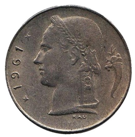 Монета 1 франк. 1961 год, Бельгия. (Belgie)