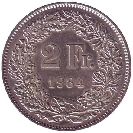 Монета 2 франка. 1984 год, Швейцария. Гельвеция.