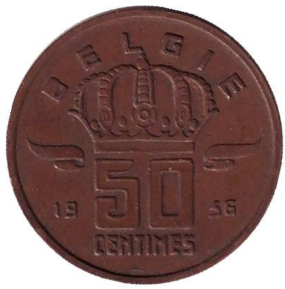 Монета 50 сантимов. 1956 год, Бельгия. (Belgie)