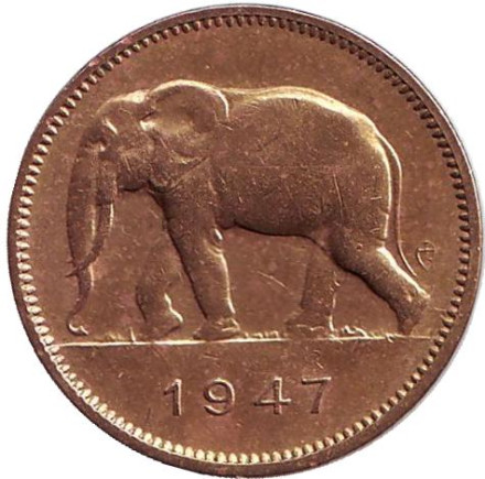 Монета 2 франка. 1947 год, Бельгийское Конго. Слон.