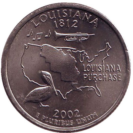 Монета 25 центов (D). 2002 год, США. Луизиана. Штат № 18.