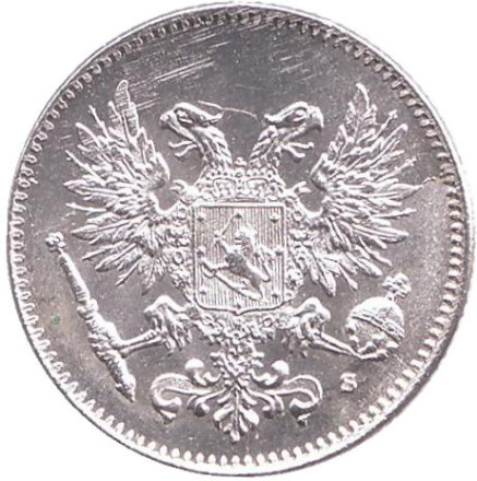 Монета 50 пенни. 1917 год (без короны), Великое княжество Финляндское. Монета 50 пенни. 1917 год (без короны), Великое княжество Финляндское.