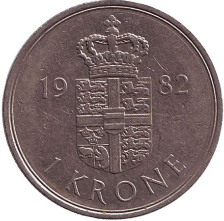 Монета 1 крона. 1982 год, Дания.