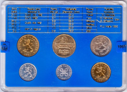 Набор монет Финляндии (6 шт), 1987 год, Финляндия. (в банковской упаковке).