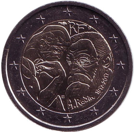Монета 2 евро. 2017 год, Франция. 100 лет со дня смерти Огюста Родена.