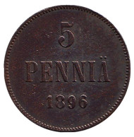 Монета 5 пенни. 1896 год, Финляндия в составе Российской Империи. Монета 5 пенни. 1896 год, Финляндия в составе Российской Империи.
