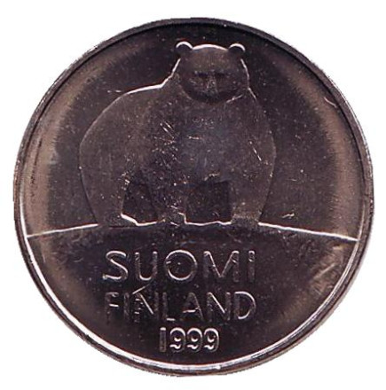 Монета 50 пенни. 1999 год, Финляндия. UNC. Медведь.