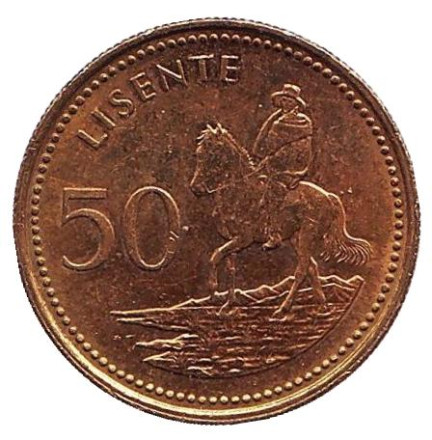 Монета 50 лисенте. 2010 год, Лесото. Всадник на лошади.