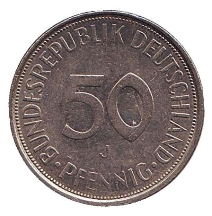 Монета 50 пфеннигов. 1971 (J) год, ФРГ. Женщина, сажающая дуб. Монета 50 пфеннигов. 1971 (J) год, ФРГ. Женщина, сажающая дуб.