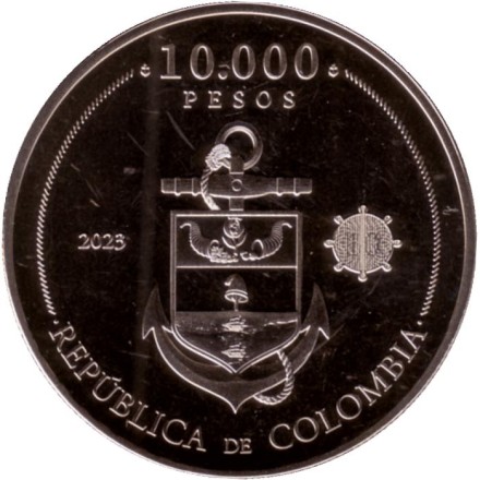 Монета 10000 песо. 2023 год, Колумбия. 200 лет Морскому сражению на озере Маракайбо. Монета 10000 песо. 2023 год, Колумбия. 200 лет Морскому сражению на озере Маракайбо.