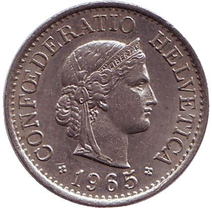 Монета 10 раппенов. 1965 год, Швейцария. Монета 10 раппенов. 1965 год, Швейцария.