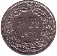 Монета 2 франка. 1970 год, Швейцария. Гельвеция. Монета 2 франка. 1970 год, Швейцария. Гельвеция.