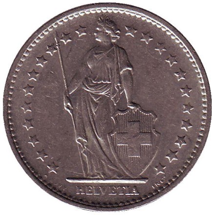 Монета 2 франка. 1970 год, Швейцария. Гельвеция. Монета 2 франка. 1970 год, Швейцария. Гельвеция.