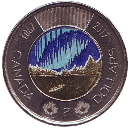 Монета 2 доллара. 2017 год, Канада. (Цветная). 150 лет Конфедерации Канада. Полярное сияние.