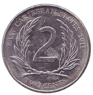 Монета 2 цента. 2011 год, Восточно-Карибские государства. Монета 2 цента. 2011 год, Восточно-Карибские государства.