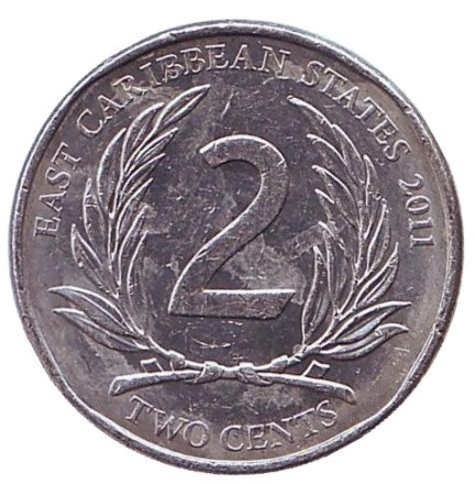 Монета 2 цента. 2011 год, Восточно-Карибские государства.