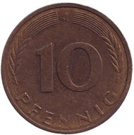 Монета 10 пфеннигов. 1984 год (J), ФРГ. Дубовые листья. Монета 10 пфеннигов. 1984 год (J), ФРГ. Дубовые листья.