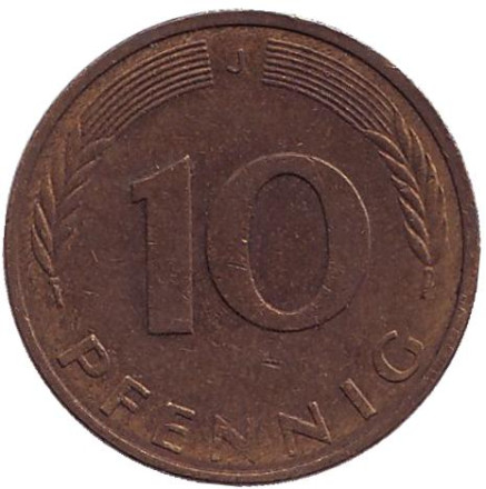 Монета 10 пфеннигов. 1984 год (J), ФРГ. Дубовые листья.