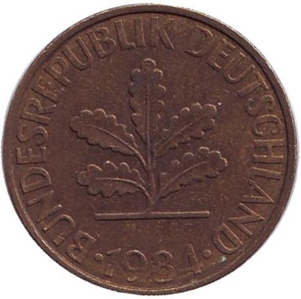 Монета 10 пфеннигов. 1984 год (J), ФРГ. Дубовые листья. Монета 10 пфеннигов. 1984 год (J), ФРГ. Дубовые листья.