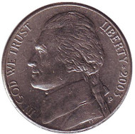 Монета 5 центов. 2003 год (P), США. Джефферсон. Монтичелло. Монета 5 центов. 2003 год (P), США. Джефферсон. Монтичелло.