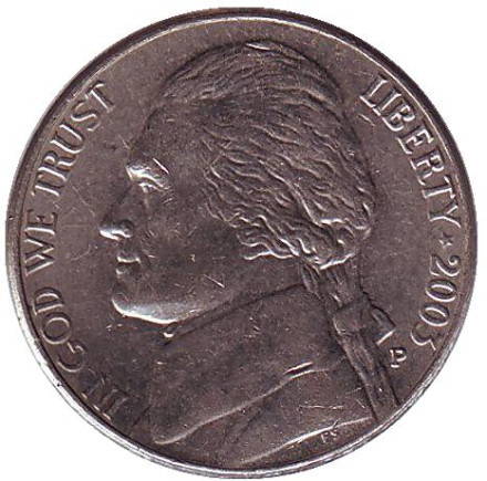 Монета 5 центов. 2003 год (P), США. Джефферсон. Монтичелло.