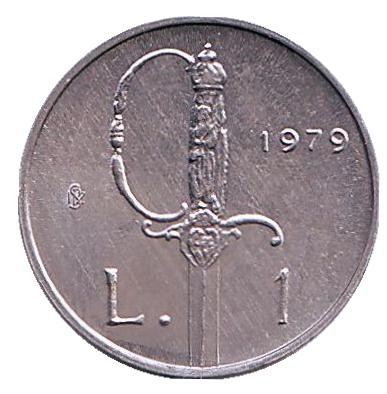 Монета 1 лира. 1979 год, Сан-Марино. Меч. Институциональные органы государства.