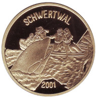 Монета 20 вон, 2001 год, Северная Корея. Косатка и люди. Монета 20 вон, 2001 год, Северная Корея. Косатка и люди.