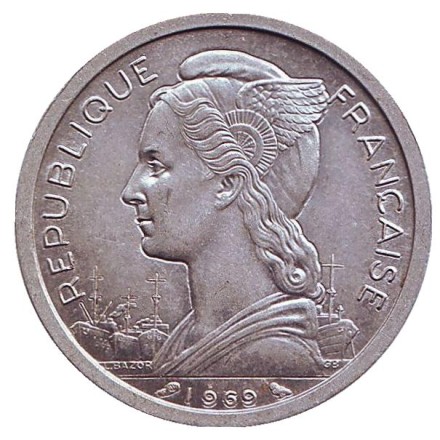 Монета 2 франка. 1969 год, Реюньон. Сахарный тростник. Монета 2 франка. 1969 год, Реюньон. Сахарный тростник.