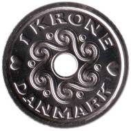 Монета 1 крона. 2008 год, Дания. Монета 1 крона. 2008 год, Дания.
