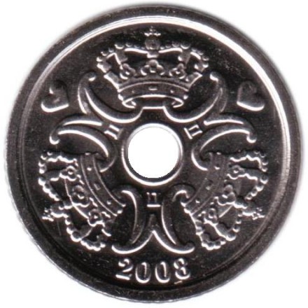 Монета 1 крона. 2008 год, Дания.