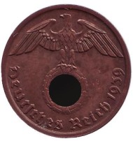 Монета 2 рейхспфеннига. 1939 год, Германия (Третий Рейх). (B). Монета 2 рейхспфеннига. 1939 год, Германия (Третий Рейх). (B).