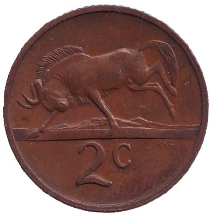 Монета 2 цента. 1971 год, Южная Африка. Белохвостый гну.