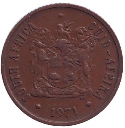 Монета 2 цента. 1971 год, Южная Африка. Белохвостый гну.