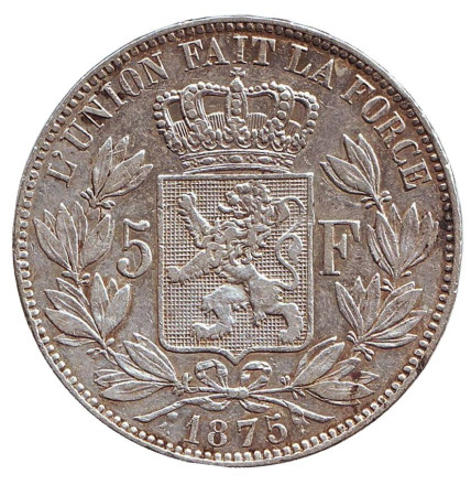 Монета 5 франков. 1875 год, Бельгия. Леопольд II.