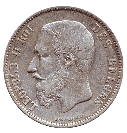 Монета 5 франков. 1875 год, Бельгия. Леопольд II.