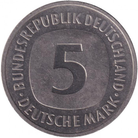 Монета 5 марок. 1990 год (G), ФРГ. Монета 5 марок. 1990 год (G), ФРГ.